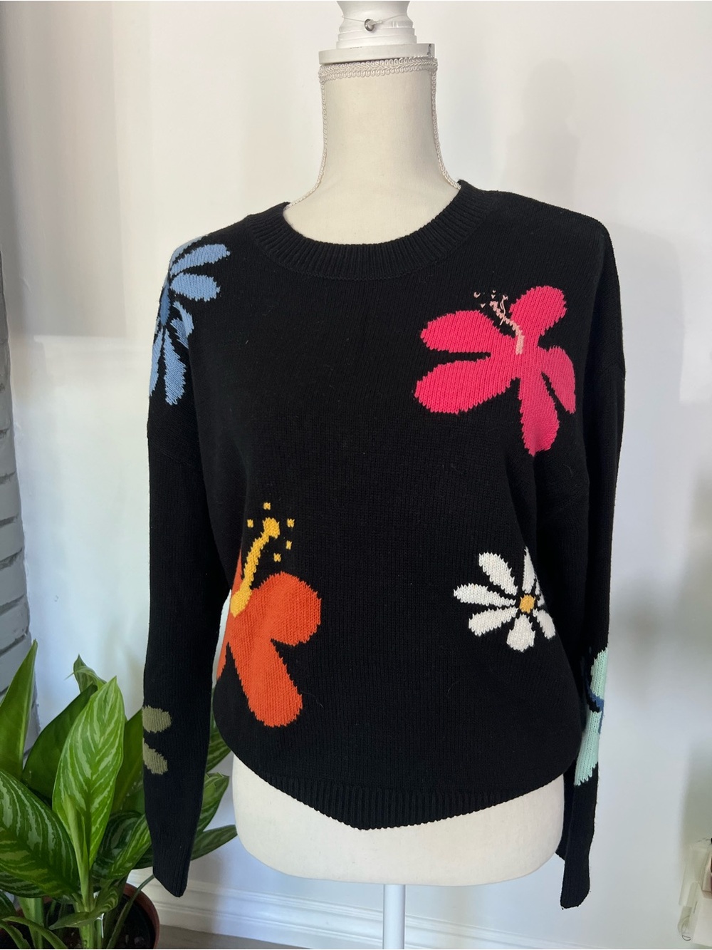 Rails Black Crewneck Sweater with Multicolor Floral Knit